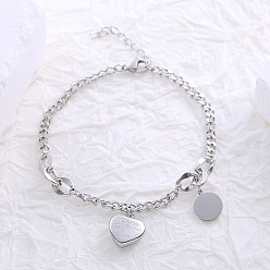 Нержавеющая Сталь Цвет Браслеты с подвесками из нержавеющей стали в стиле хип-хоп, браслеты с цепочками для женщин, Сердце & плоские круглые, цвет нержавеющей стали