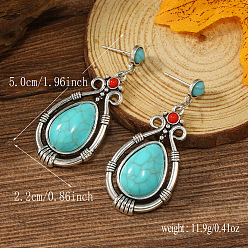 Античное Серебро Серьги-подвески из синтетической бирюзы с бахромой в стиле бохо, винтажные этнические серьги из тибетского сплава, античное серебро, 50x22 мм