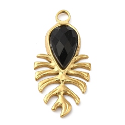Black Real 18K Gold Plated 304 Stainless Steel Pendants, with Glass, Leaf Charms, Black, 30x15x4~5.5mm, Hole: 2.5mm