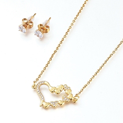 Golden Brass Cubic Zirconia Pendant Necklace & Stud Earring Jeweley Sets, with 304 Stainless Steel Cable Chains, Lobster Claw Clasps and Ear Nuts, Heart, for Valentine's Day, Clear, Golden, 17.51 inch(44.5cm), 5mm, Pin: 0.7mm
