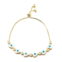 White Clear Cubic Zirconia & Enamel Heart with Evil Eye Links Slider Bracelet, Gold Plated Brass Jewelry for Women, Lead Free & Cadmium Free, White, 10-3/8 inch(26.4cm)