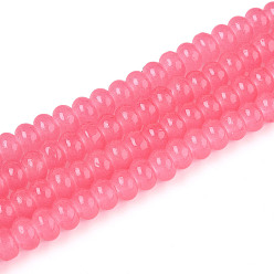 Ярко-Розовый Имитация нефритовые четки стекла, прозрачные бусины-рондели, окрашенные в технике выпечки, ярко-розовый, 6~6.5x3.5~4 мм, отверстие : 1.2 мм, около 185~193 шт / нитка, 29.92~31.10 дюйм (76~79 см)