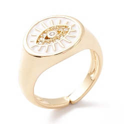 White Brass Micro Pave Clear Cubic Zirconia Cuff Rings, with Enamel, 0val with Evil Eye, Real 18K Gold Plated, White, US Size 5, Inner Diameter: 16mm