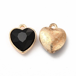 Black Faceted Glass Rhinestone Pendants, with Golden Tone Zinc Alloy Findings, Heart Charms, Black, 16.5x14x6.5mm, Hole: 1.6mm