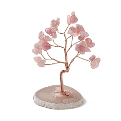 Розовый Кварц Украшение дисплея дерева из натурального розового кварца, Основа из кусочков агата, украшение фэн-шуй для богатства, удача, латунная проволока из розового золота, обернутая, 44~56x53~66x85~96 мм