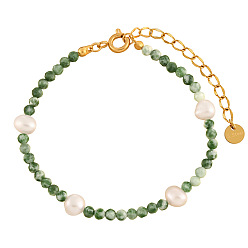 Камень с Зелеными Точками Круглые браслеты из натуральной зеленой яшмы с бусинами, золотые браслеты из нержавеющей стали для женщин, с пресноводным жемчугом