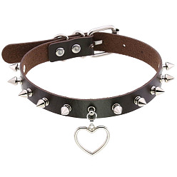 Dark brown Punk Rivet Spike Lock Collar Chain Necklace with Soft Girl Peach Heart Pendant