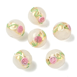 Белый Бусины ручной работы золотой фольги стекла, с эмалью, круглый с цветком розы, белые, 16.5~17.5 мм, отверстие : 1.6 мм