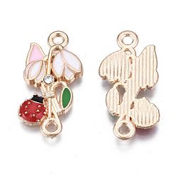 Colorful Alloy Rhinestone Links Connectors, with Enamel, Flower with Ladybird, Golden, Colorful, 24x11x2mm, Hole: 1.6mm