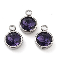 Indigo Glass Charms, May Birthstone Charms, Faceted, with 304 Stainless Steel Findings, Flat Round, Indigo, 14x10x6.5mm, Hole: 2.5mm