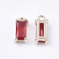 Red Transparent Glass Charms, with Brass Findings, Faceted, Rectangle, Light Gold, Red, 8.5x4x3mm, Hole: 1mm