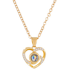 Golden I Love You in 100 Languages Glass Projection Necklace, Rhinestone Heart Pendant Necklace with Alloy Chains, Golden, 17.72 inch(45cm)