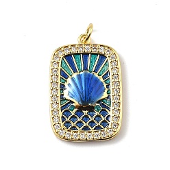 Shell Shape Подвески из латуни микропаве с фианитами и эмалью, прямоугольные, стойки покрытие, долговечный, без свинца и без кадмия, реальный 18 k позолоченный, с целью перехода в кольце, формы раковины, 26.5x17.5x2 мм, отверстие : 3.2 мм