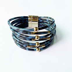 Blue leopard print Leopard Print Magnetic Clasp Leather Bracelet - Beaded Leather Cord Bracelet, Copper Tube Bangle, Jewelry.