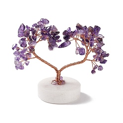 Amethyst Natural Amethyst Chips and Natural White Jade Pedestal Display Decorations, with Rose Gold Plated Brass Wires, Lucky Tree, 52~56x95~110x91~108mm