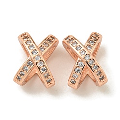 Розовое Золото Буква x стойка покрытие латунь микропаве кубический цирконий европейские бусины, бусины с большим отверстием, долговечный, без свинца и без кадмия, розовое золото , 10.5x7.5x6.5 мм, отверстие : 4 мм