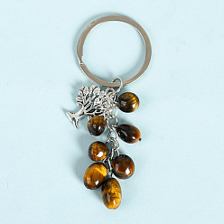 Tiger Eye Natural Tiger Eye Keychains, with Alloy Tree of Life Charms and Keychain Ring Clasps, 83mm