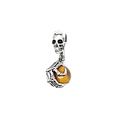 Tiger Eye Halloween Skull Natural Tiger Eye Alloy Pendants, Skeleton Hand Charms with Gems Sphere Ball, Antique Silver, 43x19mm