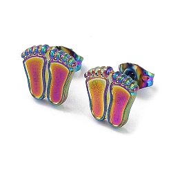 Rainbow Color Ion Plating(IP) 304 Stainless Steel Stud Earrings Findings, Enamel Settings, Feet Ear Studs, Rainbow Color, Tray: 7x3mm, 10x9.5mm, Pin: 0.7mm