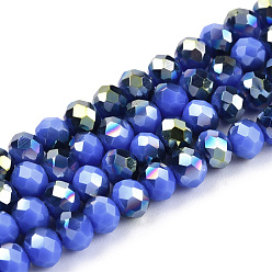 Royal Blue Electroplate Opaque Glass Beads Strands, Half Green Plated, Faceted, Rondelle, Royal Blue, 4x3mm, Hole: 0.4mm, about 123~127pcs/strand, 16.5~16.9 inch(42~43cm)