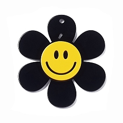 Black Opaque Acrylic Big Pendants, Sunflower with Smiling Face Charm, Black, 55x50.5x5mm, Hole: 2.5mm