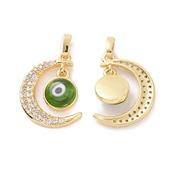 Lime Green Brass Micro Pave Cubic Zirconia Pendants, with Handmade Evil Eye Lampwork, Crescent Moon Charm, Real 18K Gold Plated, Lime Green, 23x16x4mm, Hole: 4x6mm