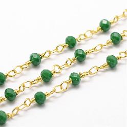 Sea Green Handmade Glass Beaded Chains, with Spool, Unwelded, Faceted Rondelle, Imitation Jade, with Brass Findings, Golden, Sea Green, 4mm, about 32.8 Feet(10m)/roll