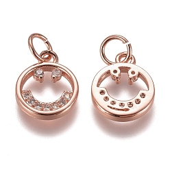 Розовое Золото Латунные микропаве прозрачные кубические циркониевые подвески, с прыжковых колец, улыбающееся лицо, розовое золото , 12x10x2 мм, отверстие : 3 мм