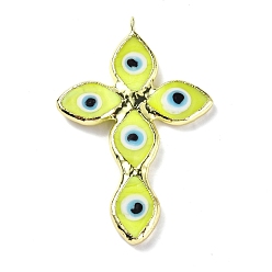 Yellow Handmade Lampwork Big Pendants, with Eco-friendly Ligh Gold Brass Findings, Long-Lasting Plated, Cadmium Free & Lead Free, Religion Cross with Evil Eye Charm, Yellow, 73.5x47x4mm, Hole: 4.2mm
