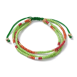 Lime Green Adjustable Glass Seed Beaded Triple Layer Multi-strand Bracelet, Nylon Cord Braided Bead Bracelets, Lime Green, Inner Diameter: 2-3/8~3-1/2 inch(5.9~8.9cm)