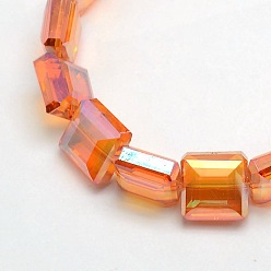 Coral Electroplate Crystal Glass Square Beads Strands, Faceted, Rainbow Color Plated, Coral, 13x13x8mm, Hole: 1mm, about 25pcs/strand, 12.7 inch