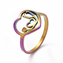 Rainbow Color Ion Plating(IP) 201 Stainless Steel Heart with Word Love You Finger Ring, Hollow Wide Ring for Women, Rainbow Color, US Size 6 1/2(16.9mm)