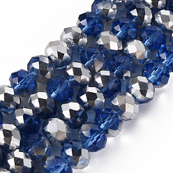 Medium Blue Electroplate Transparent Glass Beads Strands, Half Silver Plated, Faceted, Rondelle, Medium Blue, 8x6mm, Hole: 1mm, about 72pcs/strand, 16.14 inch(41cm)