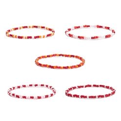 Red 5Pcs 5 Colors Glass Seed Beaded Stretch Bracelets Set for Women, Red, Inner Diameter: 2-1/4~2-3/8 inch(5.7~6cm), 1Pc/color