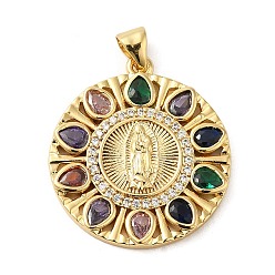 Colorful Rack Plating Brass Micro Pave Cubic Zirconia Pendants, Cadmium Free & Lead Free, Real 18K Gold Plated, Long-Lasting Plated, Flat Round with Saint, Colorful, 26x23.5x3mm, Hole: 3.5x5mm