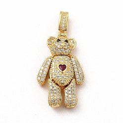 Medium Violet Red Rack Plating Brass Micro Pave Cubic Zirconia Pendants, Cadmium Free & Lead Free, Real 18K Gold Plated, Long-Lasting Plated, Mechanical Charm, Bear with Heart Charm, Medium Violet Red, 32x17.5x8.5mm, Hole: 3x6.5mm