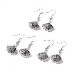 Снежный Обсидиан Серьги с подвесками из листьев гинкго и обсидиана из натуральной снежинки с кристаллами и стразами, платиновые латунные украшения для женщин, 40 мм, штифты : 0.6 мм