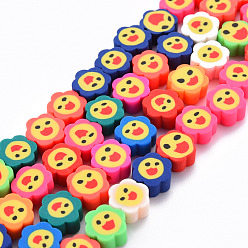 Mixed Color Handmade Polymer Clay Beads Strands, for DIY Jewelry Crafts Supplies, Flower with Smiling Face, Mixed Color, 9x9~10x4~5mm, Hole: 1.6mm, about 37~39pcs/strand, 13.39 inch~14.17 inch(34~36cm)