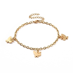 Golden 304 Stainless Steel Butterfly Charm Bracelet with Cable Chains for Women, Golden, 7-1/8 inch(18cm)