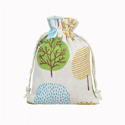 Tree Linenette Drawstring Bags, Rectangle, Tree Pattern, 18x13cm