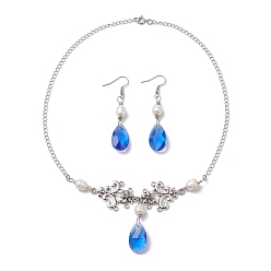 Platinum Pearl & Teardrop Glass Jewelry Set, Natural Pearl Dangle Earrings & Alloy Flower Pendant Necklace, Platinum, 455mm, 63x13mm
