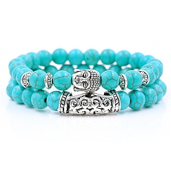 Natural Turquoise 2Pcs 2 Style Natural Turquoise Stretch Bracelets Set with Alloy Buddha Head, Gemstone Jewelry for Women, 7~1/4~7-1/2 inch(18.5~19cm), 1Pc/style