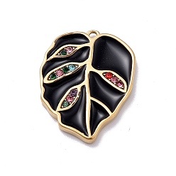 Golden Ion Plating(IP) 304 Stainless Steel Enamel Pendants, Colorful Rhinestone Leaf Charms, Golden, 20.5x15.6x1.9mm, Hole: 1.2mm