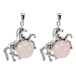Розовый Кварц Природного розового кварца подвески, латунная лошадь с подвесками в виде шариков из драгоценных камней, стойки покрытие, платина, 33x35x16 мм, отверстие : 5x8 мм