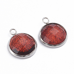 Dark Red Printed Resin Pendants, with 304 Stainlesss Steel Settings, Half Round, Faceted, Sea Coral Pattern, Stainless Steel Color, Dark Red, 19.5x16x4.5mm, Hole: 2.4mm