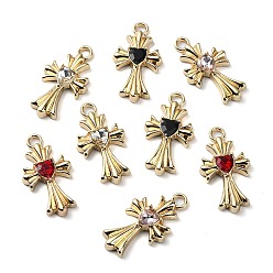 Mixed Color Golden Rack Plating Alloy Rhinestone Pendants, Nickel Free, Cross Charm, Religion, Mixed Color, 23x12.5x3mm, Hole: 2mm