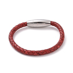 Red Leather Braided Round Cord Bracelet with 304 Stainless Steel Clasp for Women, Red, 7-7/8 inch(20cm)