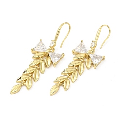 Real 18K Gold Plated Cubic Zirconia Leaf & Bowknot Dangle Earrings, Brass Long Drop Earrings for Women, Real 18K Gold Plated, 53x16mm