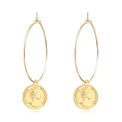 golden Retro Statement Round Earrings with Coin Pendant for Women