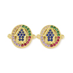 Hamsa Hand Real 18K Gold Plated Brass Micro Pave Colorful Cubic Zirconia Connector Charms, Religion Oval Links, Hamsa Hand, 13.5x16x2mm, Hole: 1.1mm